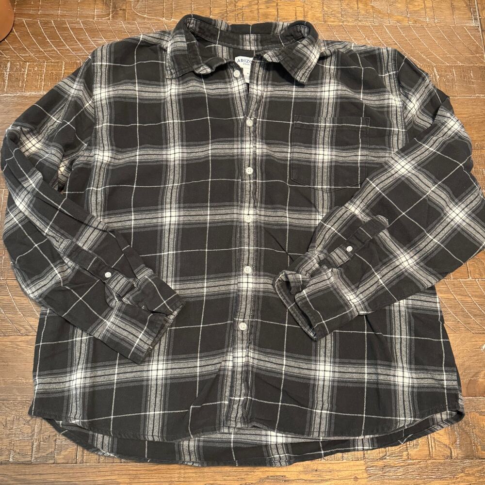 Arizona Jean Co Mens XL Flannel Shirt Black White Plaid Button Front Long Sleeve